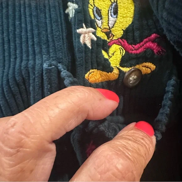 Looney Tunes Vintage Embroidered Tweety Bird Green Corduroy Shirt XL - Picture 3 of 10